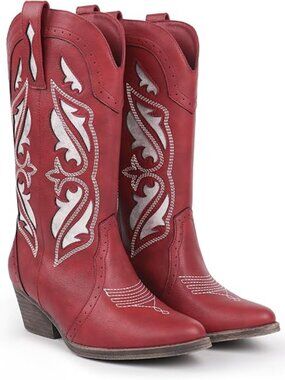 Women's Red Synthetic Rodeo Boots Pointed Toe Chunky Heel Classic Cowgirl Shoes